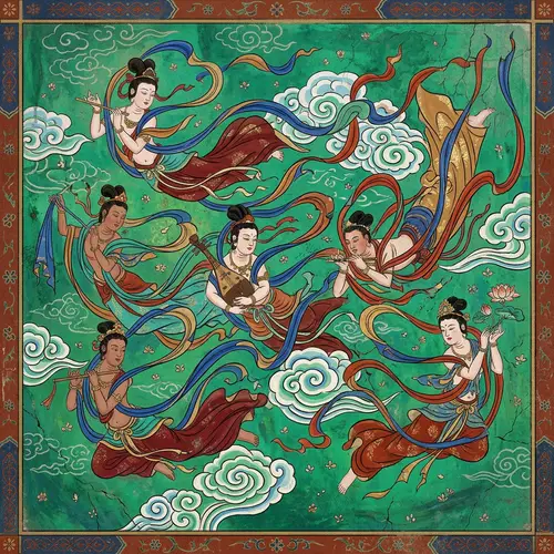 Dunhuang Style Heavenly Beings in Flight
