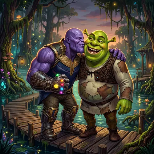 Thanos Kissing Shrek: A Surreal Fantasy Moment