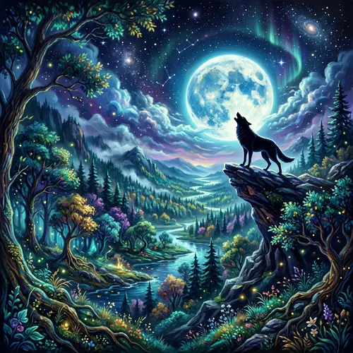 Enchanting Moonlit Forest with Lone Howling Wolf