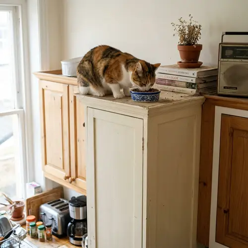 Cat Eating on Top of Cupboard - Pets' Delight