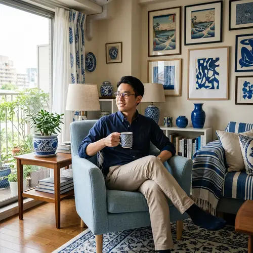 Asian Man in Blue and White Decor Room