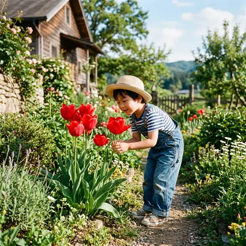 Asian Boy in Countryside Backyard Mesmerized by Giant Tulip Plant