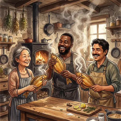Diverse Individuals Smoking Fresh Sole Fish in Rustic Kitchen