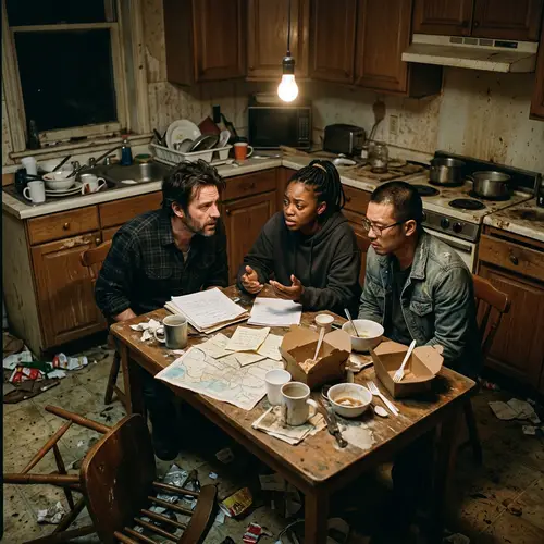Intense Conversation in Neglected Kitchen - Diverse Group