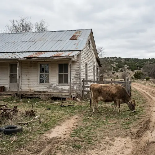 Struggle and Survival Depicted: Worn-Out House Beside Old Cow