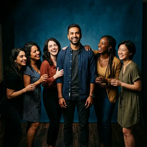 Diverse Women Gathering Around Smiling Indian Man in Studio Setting