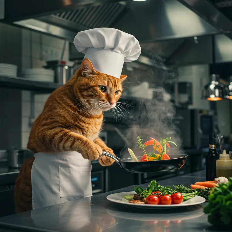 Cat Chef Cooking in a Restaurant Kitchen