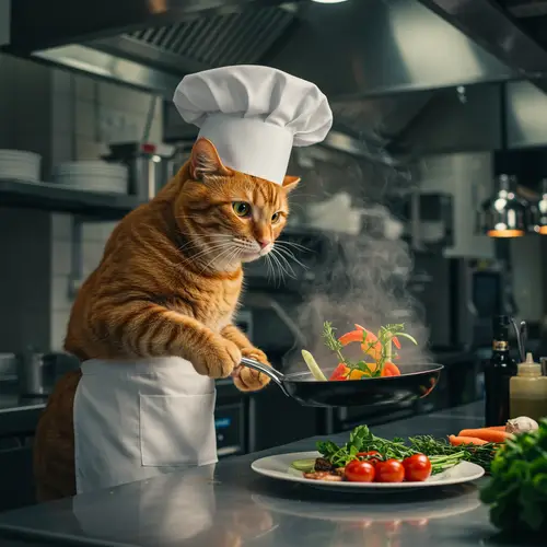 Cat Chef Cooking in a Restaurant Kitchen