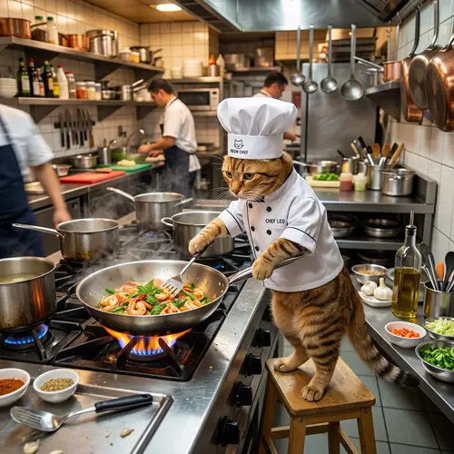 Cat Chef Cooking in a Restaurant Kitchen