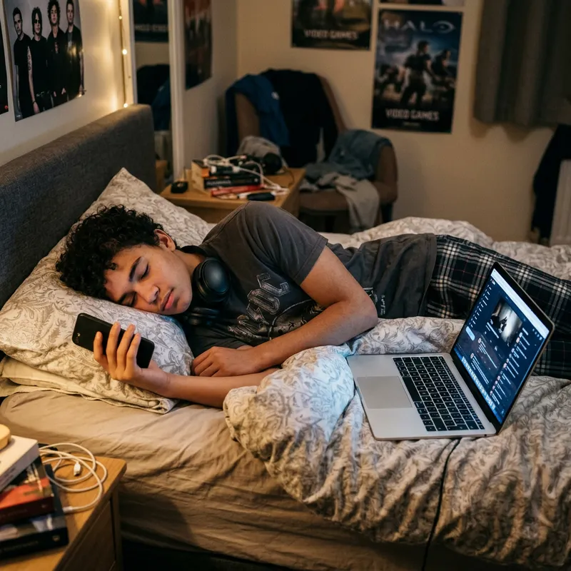 Boy Sleeping in Bed using Mobile, Laptop, and Headphone Boy Sleeping in Bed using Mobile, Laptop, and Headphone