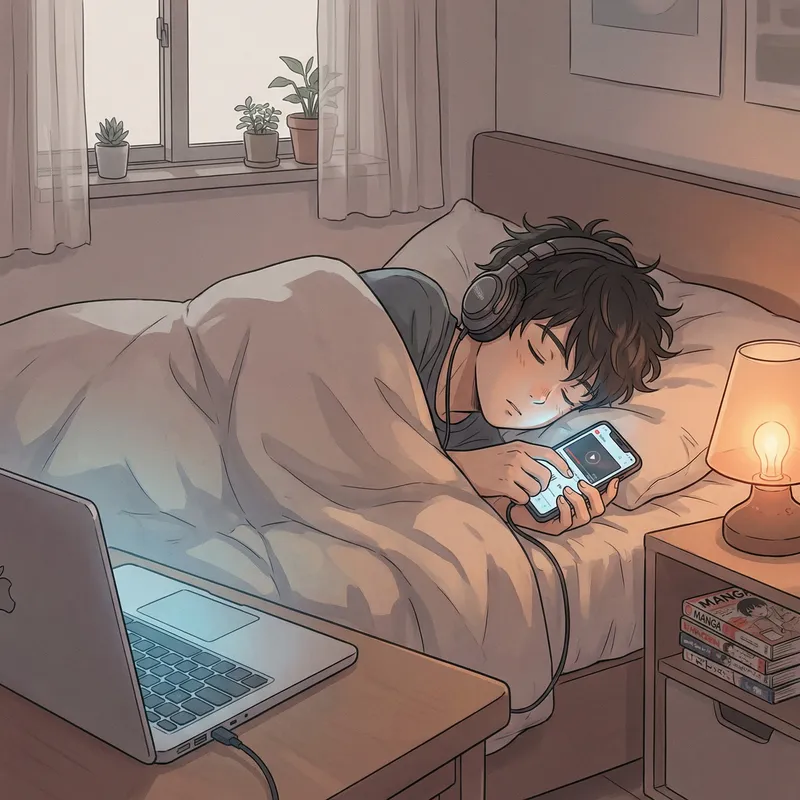 Sleeping Boy with Mobile, Laptop, Headphones - Anime Style