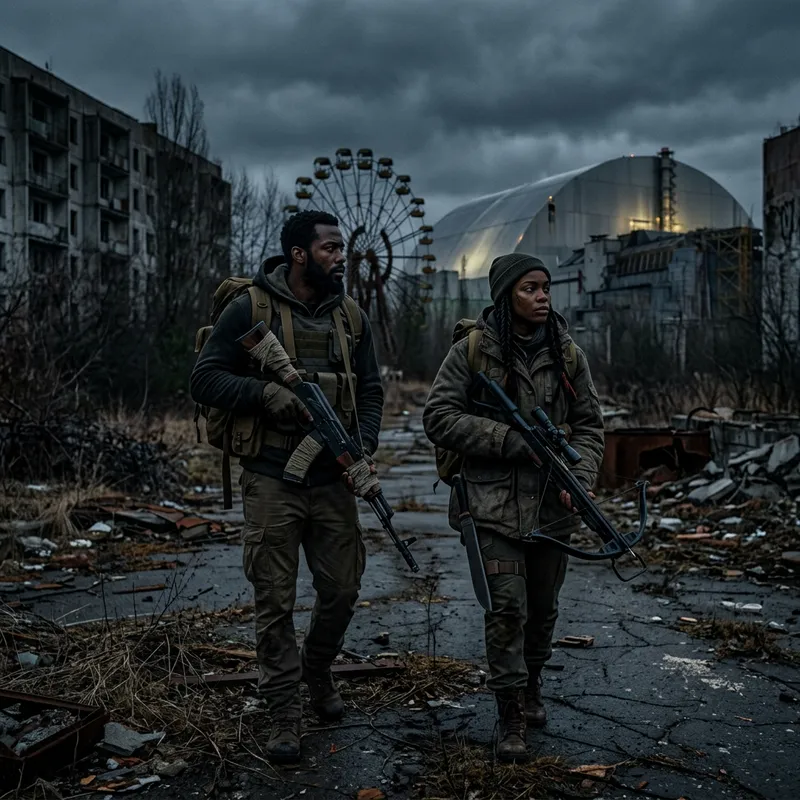 Dark Chernobyl Stalker Game Characters in Post-Apocalyptic Setting