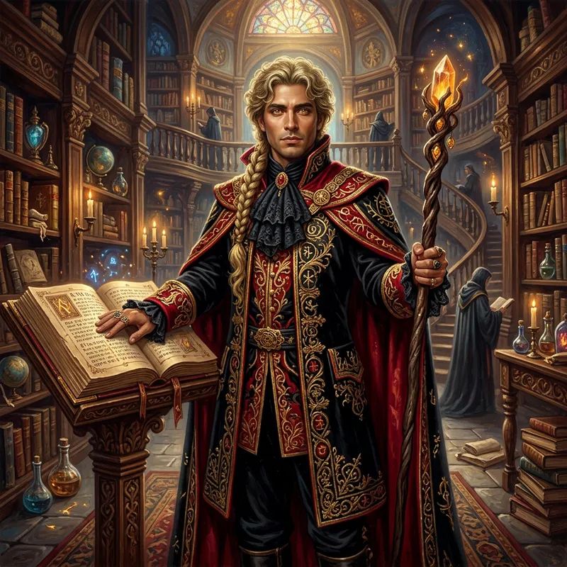Powerful Golden-Eyed Magician in Enchanting Library Setting