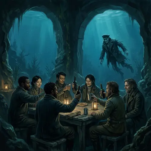 Diverse Underwater Gathering: Surreal Melancholy Scene