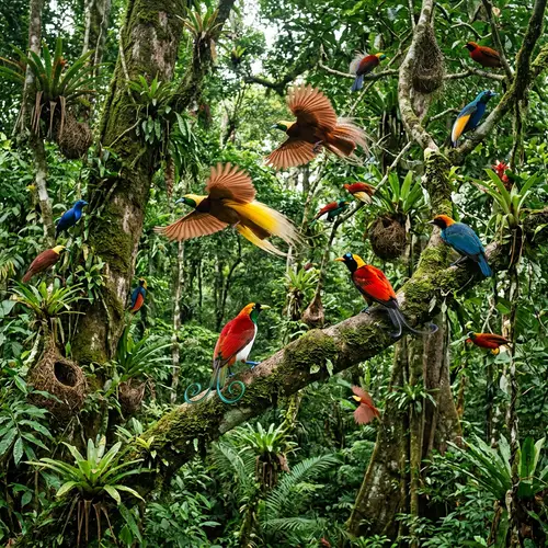 Colorful Paradise Birds in luscious Indonesian Rainforest