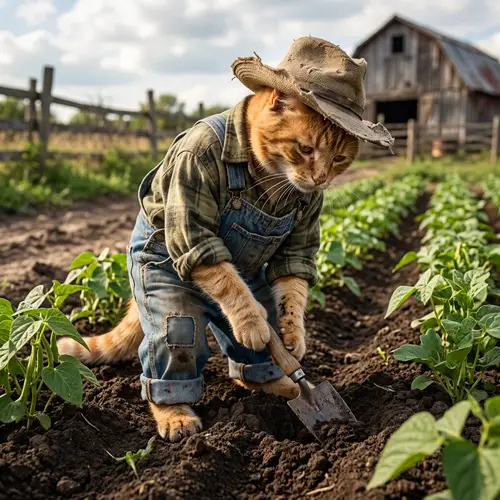 Tired Orange Cat Working Hard on Farm