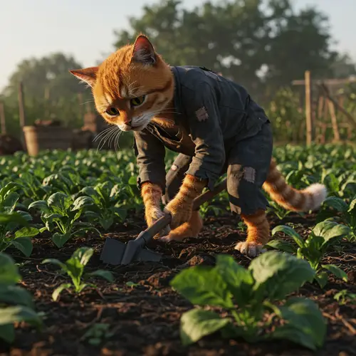 Tired Orange Cat Working Hard on Farm