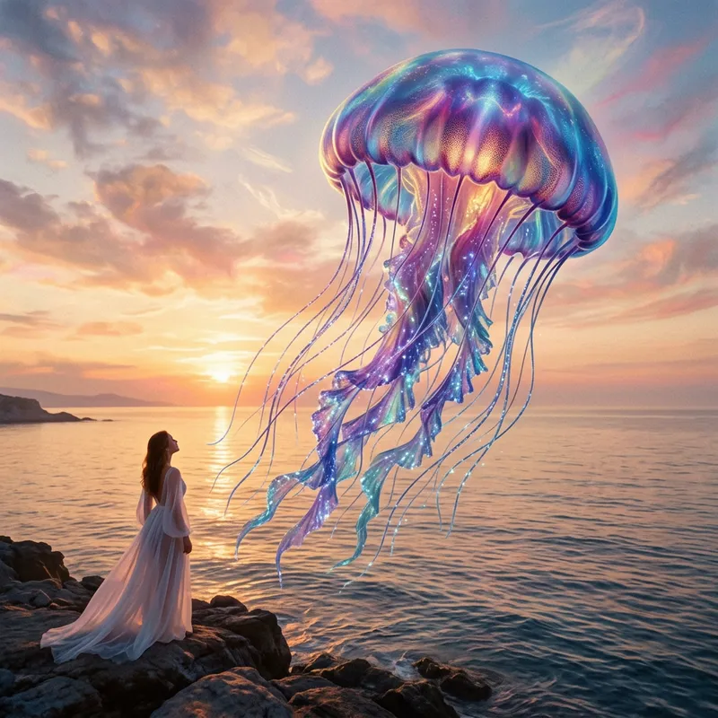 Surreal Dreamscape: Giant Jellyfish Over Tranquil Ocean