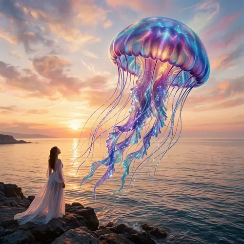Surreal Dreamscape: Giant Jellyfish Over Tranquil Ocean