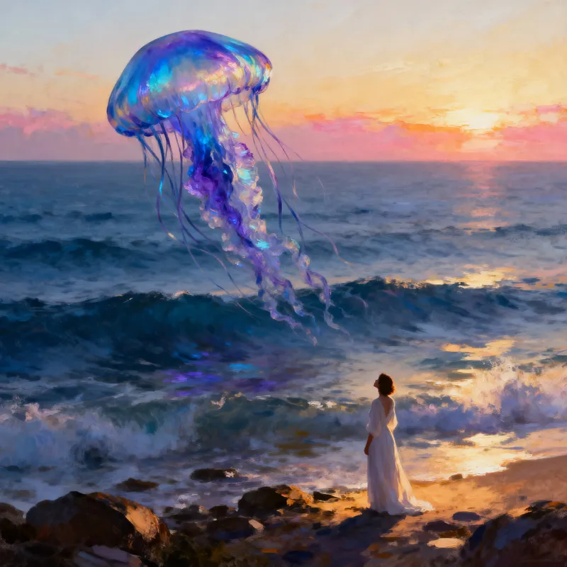 Surreal Dreamscape: Giant Jellyfish Over Tranquil Ocean