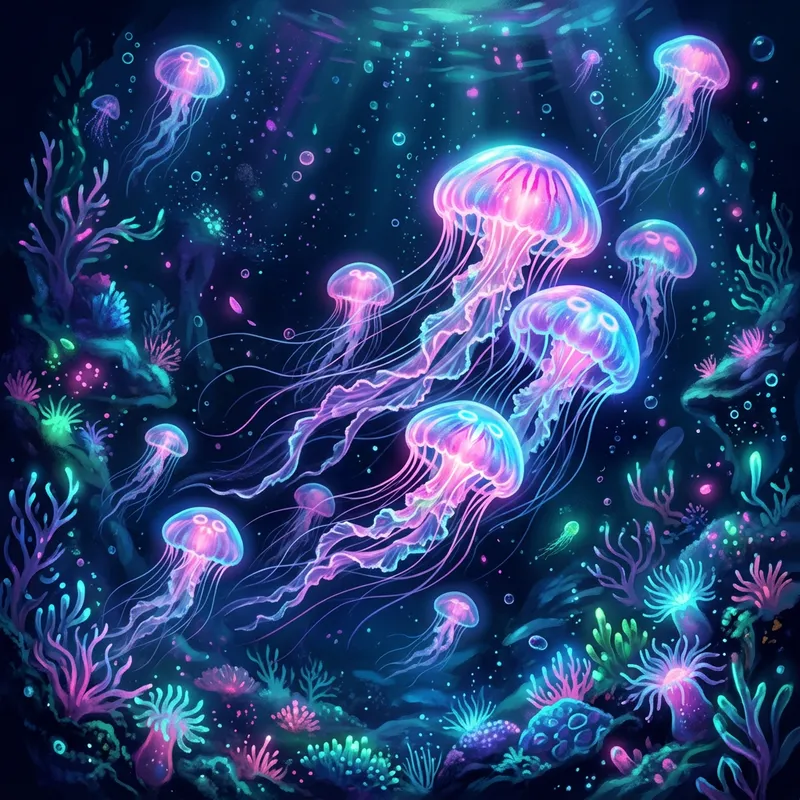Vibrant Neon Jellyfish in Surreal Underwater Fantasy