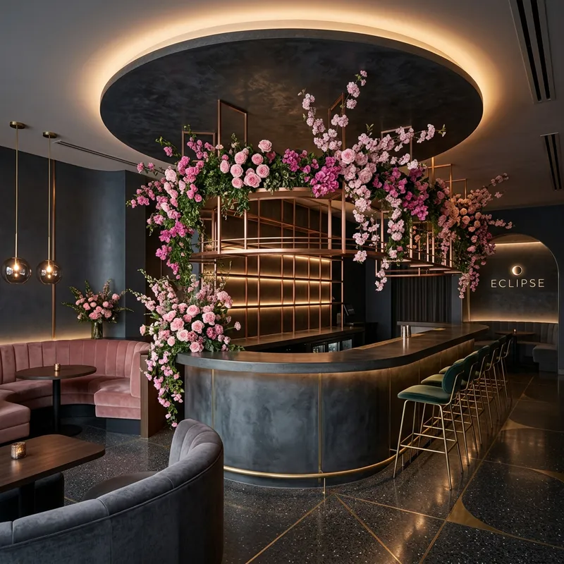 Elegant Bar Design with Pink Flowers and Starry Ceiling