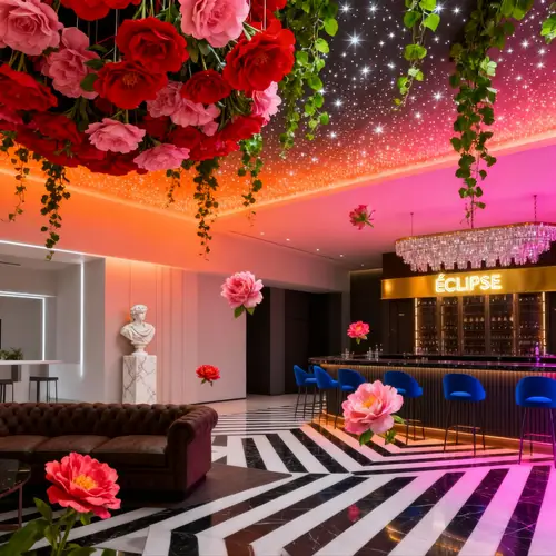 Elegant Bar Design with Pink Flowers and Starry Ceiling