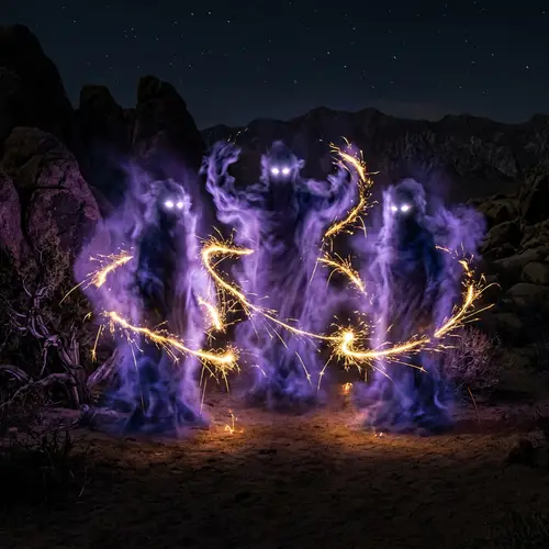 Ethereal Jinn Entities in Purple Mist and Golden Fire