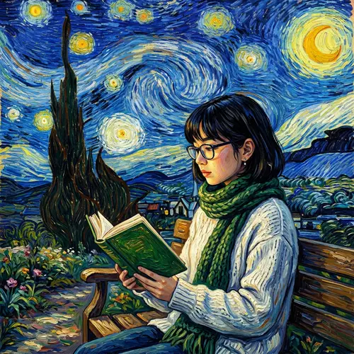 East Asian Girl Reading Book with Green Cover | Inspired Art Scene