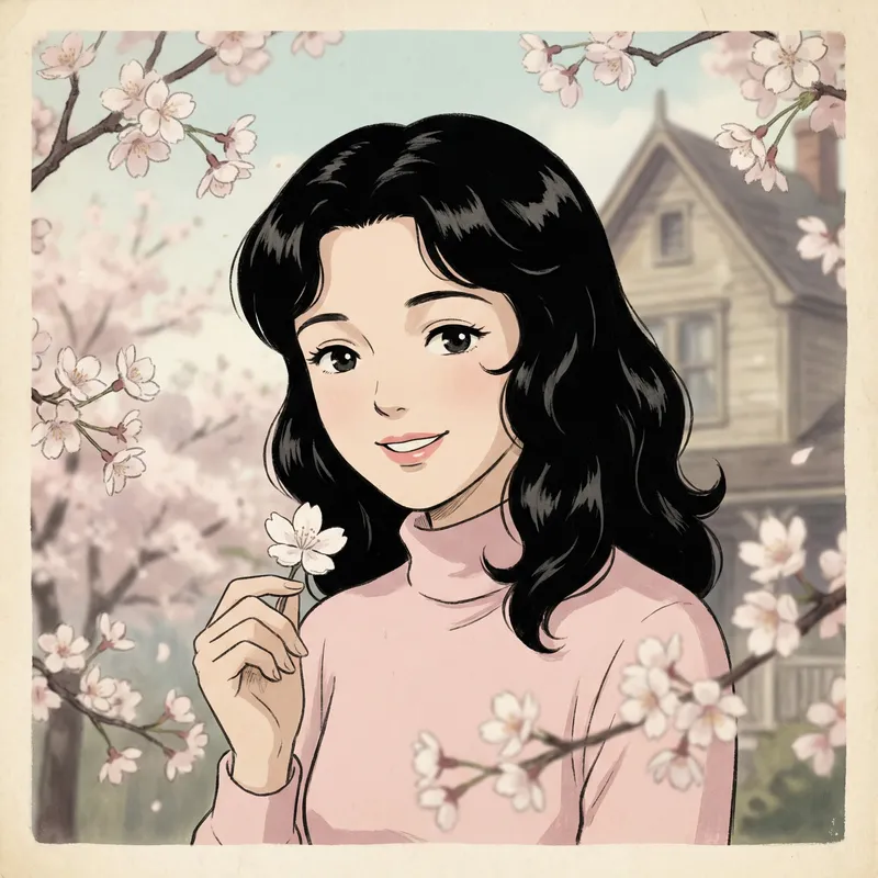 Serene Young Woman in Vintage Anime Style | Cherry Blossom Portrait Serene Young Woman in Vintage Anime Style | Cherry Blossom Portrait