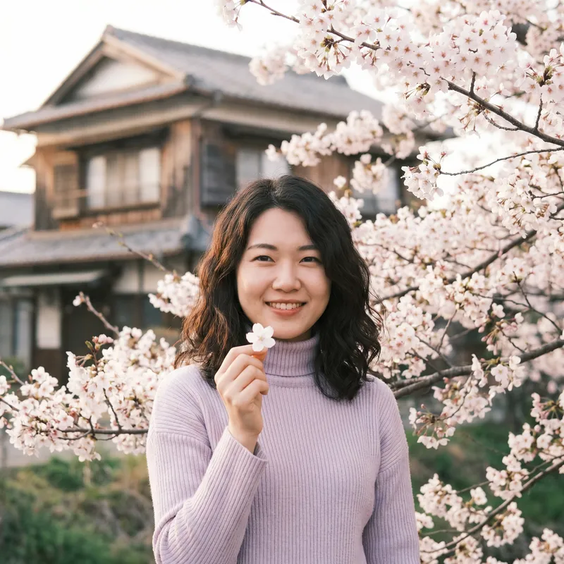 Serene Asian Woman With Cherry Blossom in Studio Ghibli Style