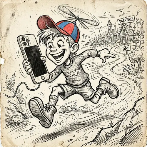 Animated Young Male Character with Exaggerated Smile and Propeller Beanie Hat