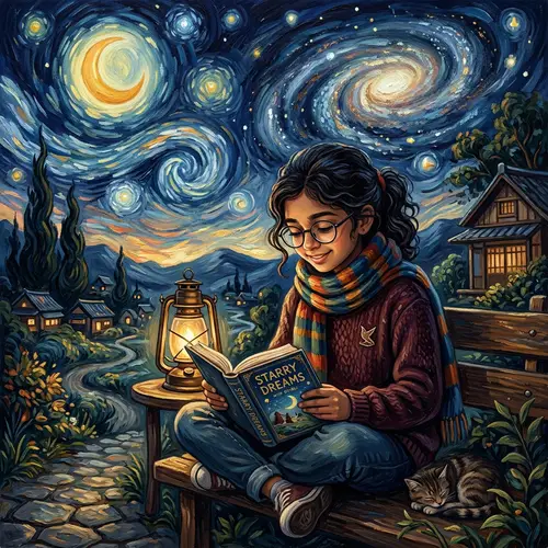 South Asian Girl in Glasses Reading Book in Starry Night