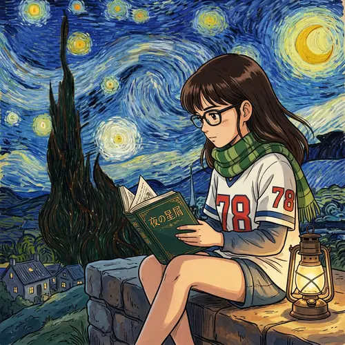 Young Asian Girl Reading Hardcover Book in 70s Anime Style