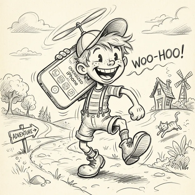 Vintage Animation Pencil Sketch of Joyful Male with Oversized Propeller Beanie Hat and iPhone