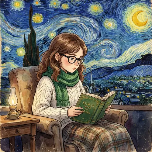 Vintage Style Portrait of Curious Reader in Cozy Setting