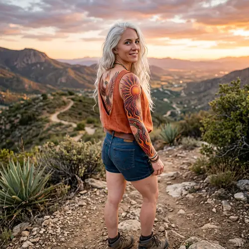 Hispanic Girl with White Hair and Fire-themed Tattoos