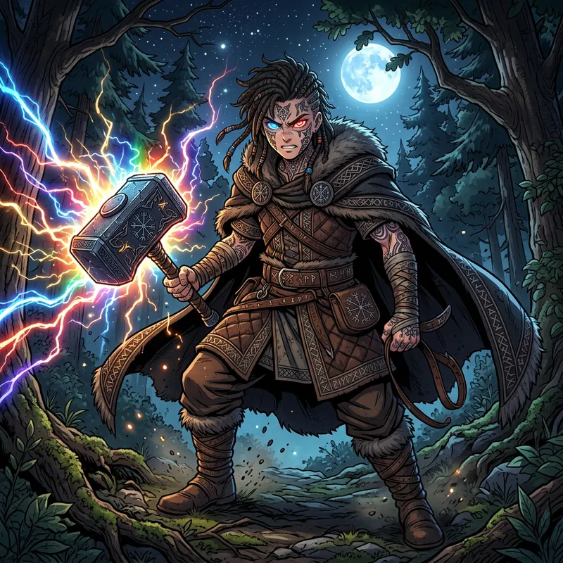 Anime-Style Norse Mythology Teenager with Tattoos and Mjolnir in Night Forest