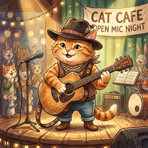 Cat in Hat Playing Guitar - Fun Illustration