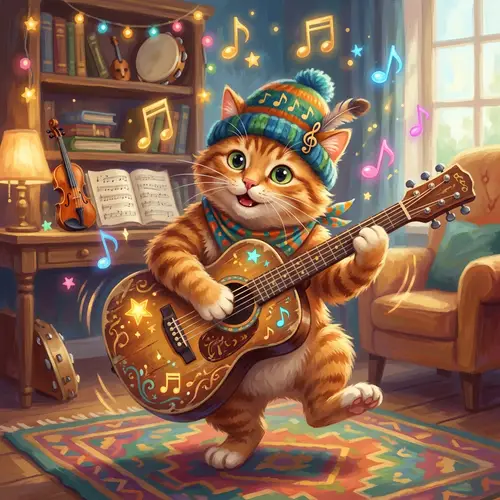 Whimsical Cat with Hat and Guitar | Musical-Inspired Digital Painting