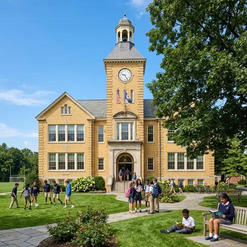 Classic School Building with Diverse Student Activities