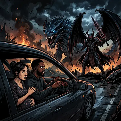 Dark and Fantastical 2D Vector Illustration: Pregnant Woman, Fallen Angel, Leviathan