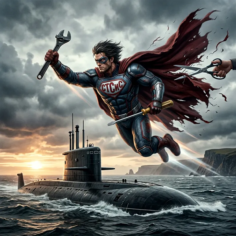 Superpowered Hero Approaching Submarine with Wrench and Screwdriver