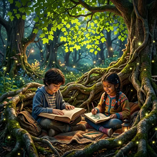 Enchanting Kids Reading in Magical Forest