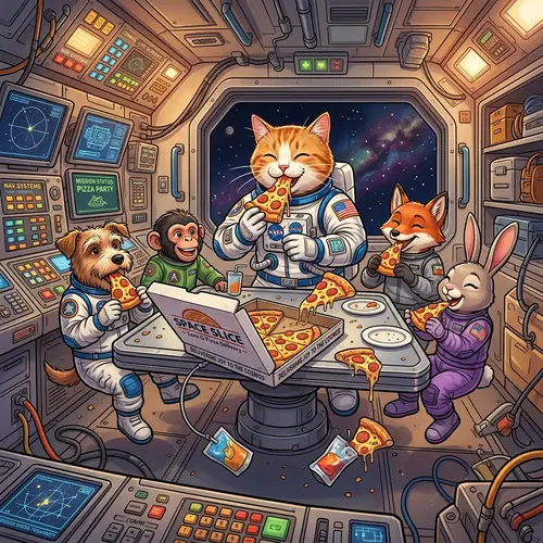 Space Pizza Party: Cat Astronaut and Friends Enjoying Pizza in Spaceship