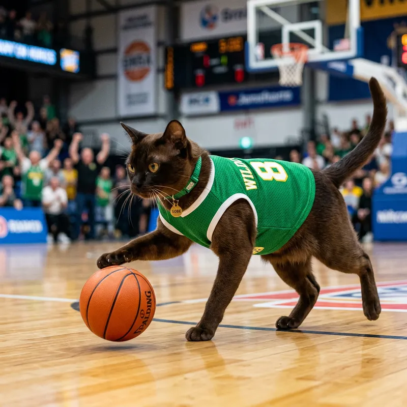 Playful Chocolate Burmese Cat Dribbling Basketball in Action