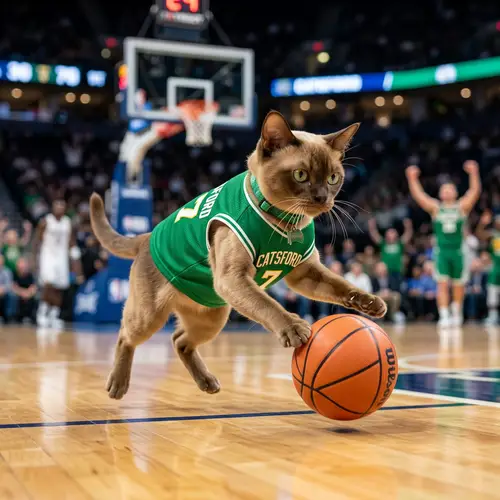 Playful Burmese Cat Dribbling Basketball in Vibrant Green Jersey