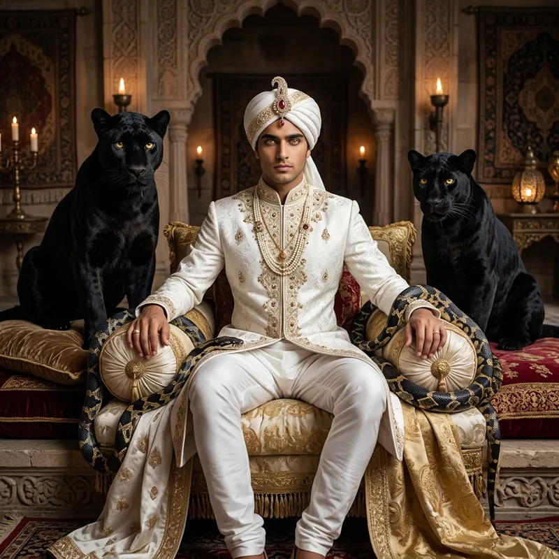 Majestic Young Eastern Man on Plush Throne with Panther and Serpent Guards