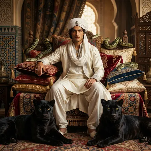 Elegant Eastern Man on Plush Throne Surrounded by Panthers and Serpents