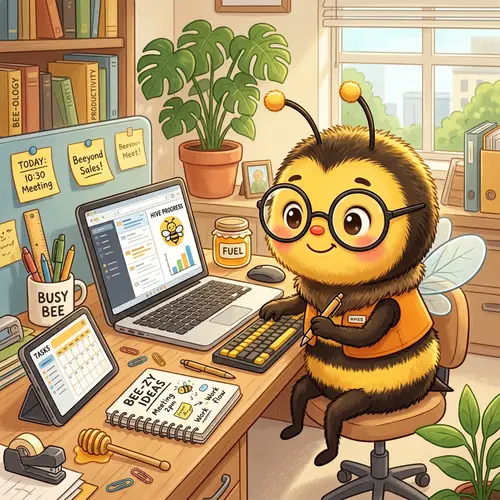 Cute Bee Mascot with Computer and Notebook